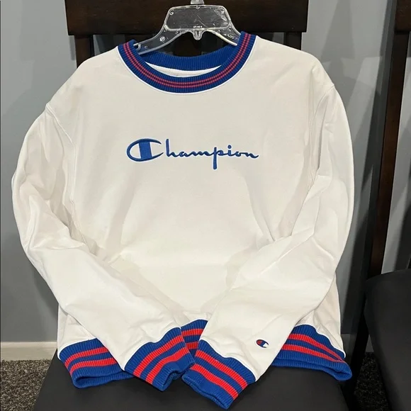 Champion White Sweatshirt with Blue and Red Trim - Picture 1 of 1